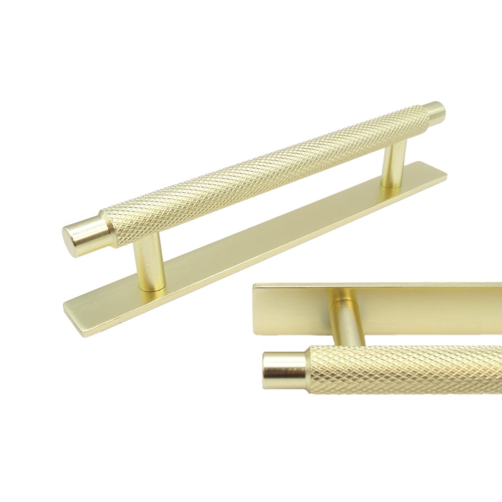 The Kethy Herning Brushed Gold Knurled handle is a luxury handle with matching back plate